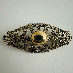 Vintage Art Deco Style Gold-Tone Filigree Marcasite Brooch Oval Centerpiece